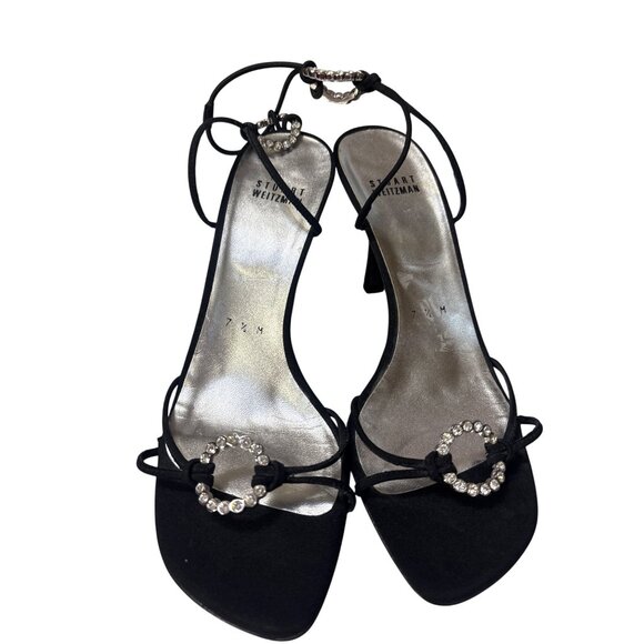 Stuart Weitzman Black Satin Rhinestone-Embellished Ankle Strap Stiletto Heels 7. - Picture 3 of 7